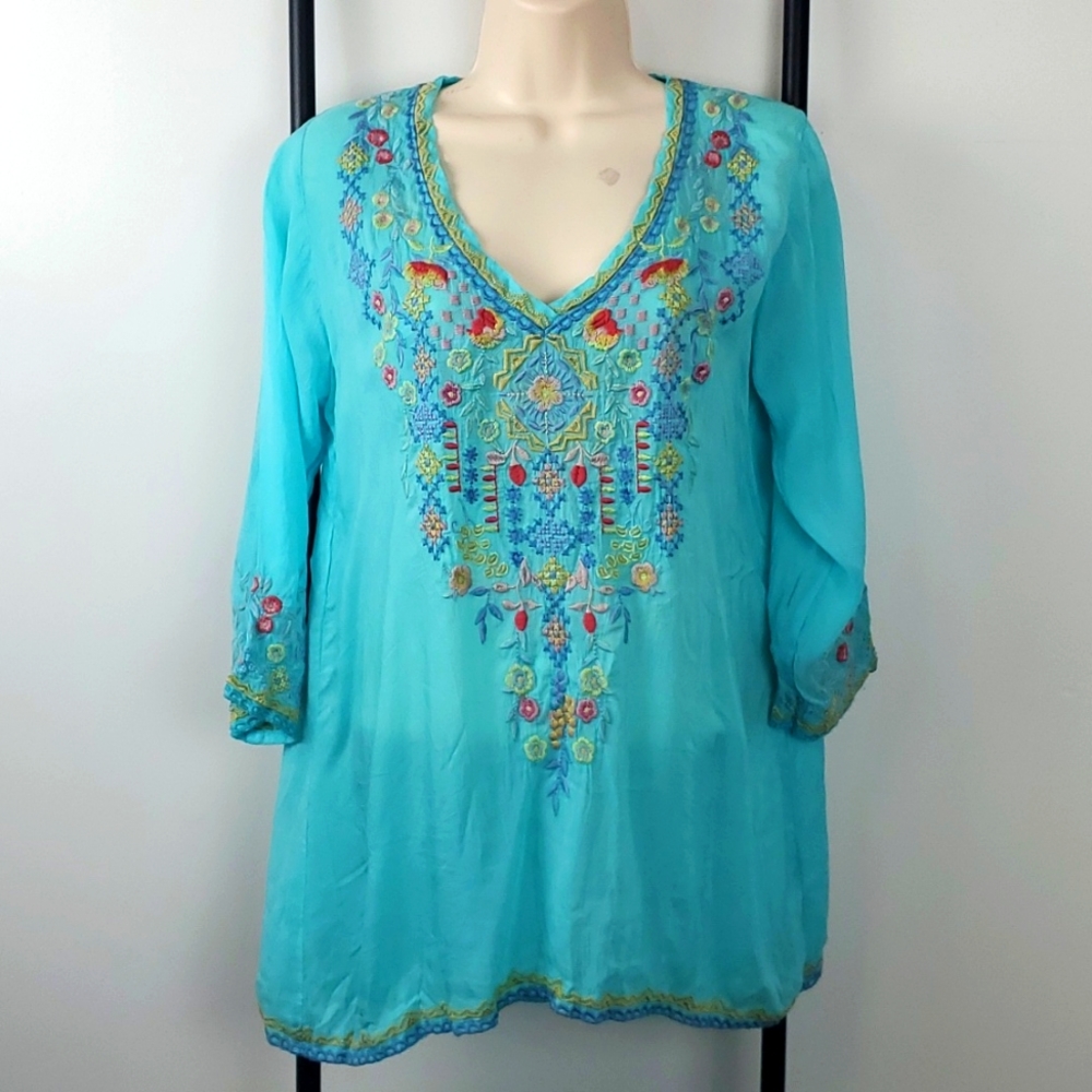 Johnny Was S Vicenza Embroidered Boho Blouse 3/4 Sleeve Luxury